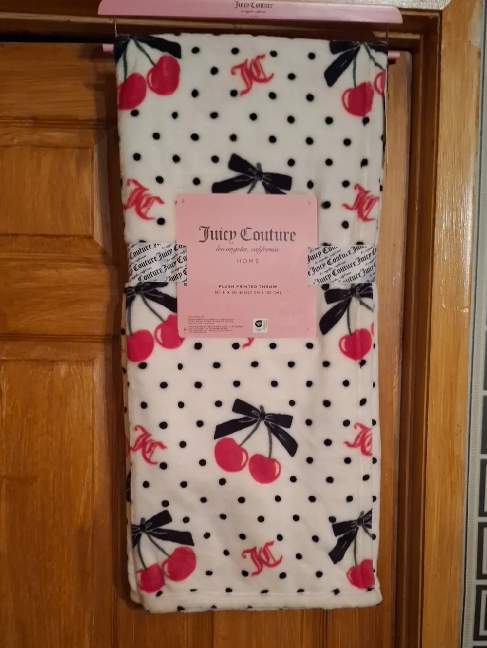 Juicy Couture White Plush Throw with Pink Cherry & Black Bow Print